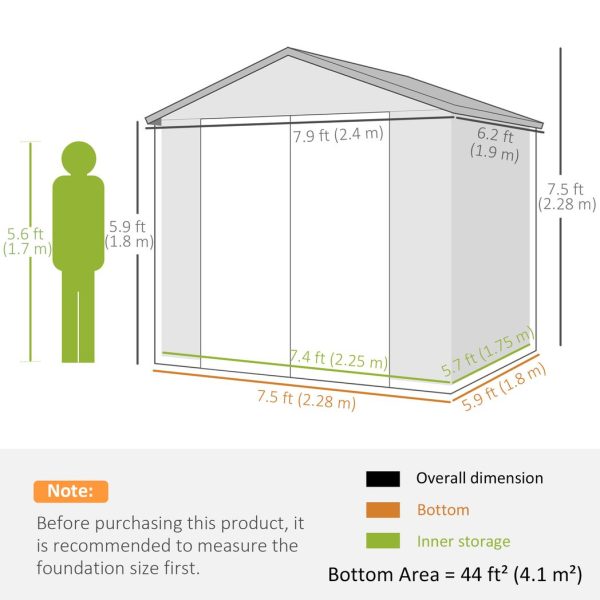 Outsunny 8 x 6ft Garden Shed Storage with Foundation Kit and Vents, Grey - Image 5