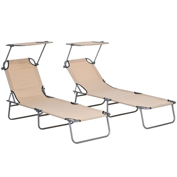 Outsunny Folding Sun Lounger Set of 2 with Sunshade Adjustable Backrest Brown