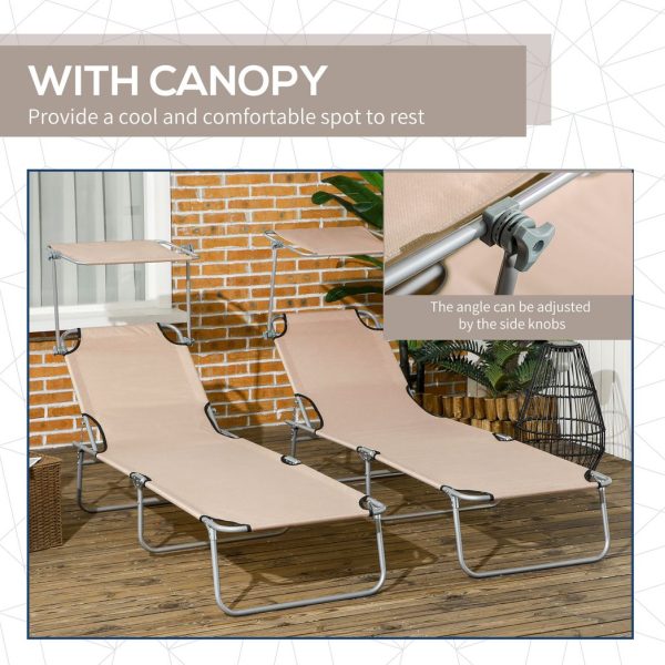 Outsunny Folding Sun Lounger Set of 2 with Sunshade Adjustable Backrest Brown - Image 6