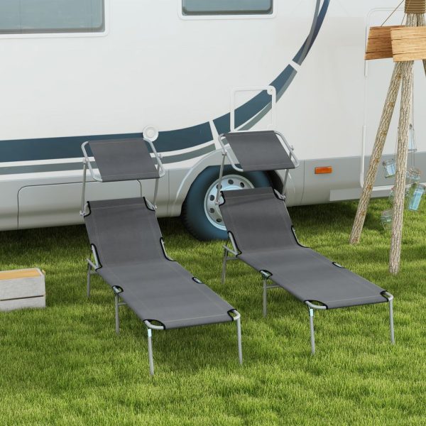 Outsunny Folding Sun Lounger Set of 2 with Sunshade Adjustable Backrest Grey - Image 2