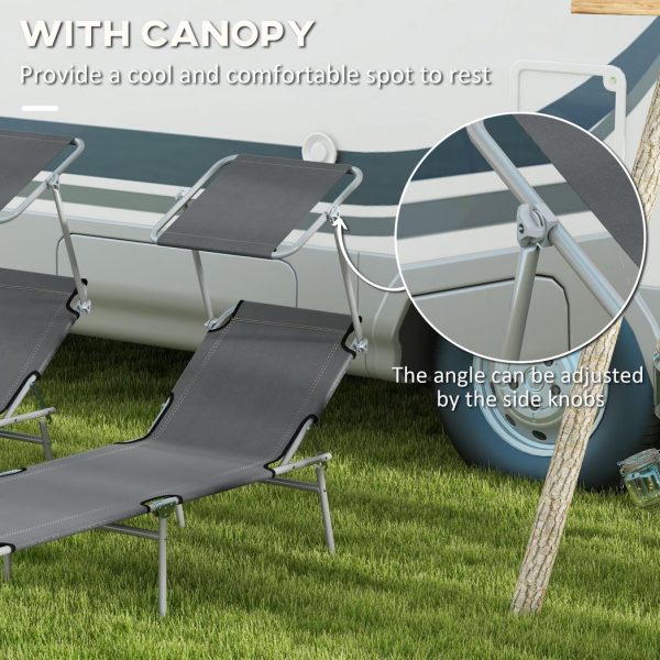 Outsunny Folding Sun Lounger Set of 2 with Sunshade Adjustable Backrest Grey - Image 6