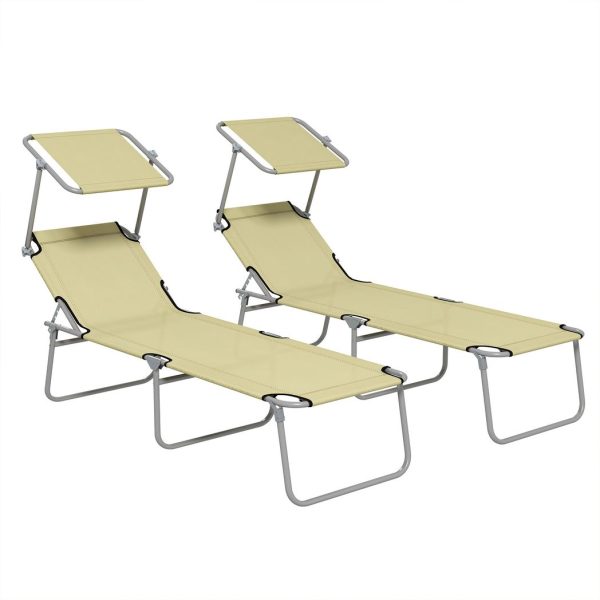 Outsunny Folding Sun Lounger Set of 2 with Sunshade Adjustable Backrest Beige
