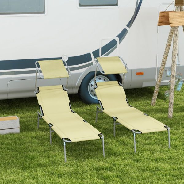 Outsunny Folding Sun Lounger Set of 2 with Sunshade Adjustable Backrest Beige - Image 2