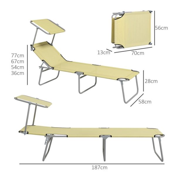 Outsunny Folding Sun Lounger Set of 2 with Sunshade Adjustable Backrest Beige - Image 5