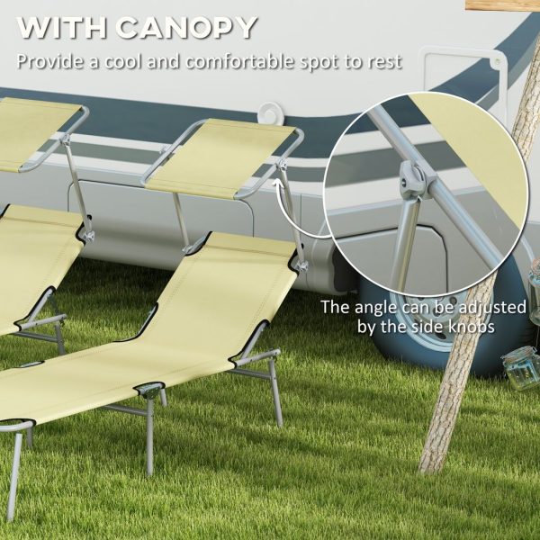 Outsunny Folding Sun Lounger Set of 2 with Sunshade Adjustable Backrest Beige - Image 6
