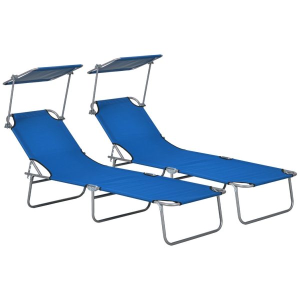 Outsunny Folding Sun Lounger Set of 2 with Sunshade Adjustable Backrest Blue