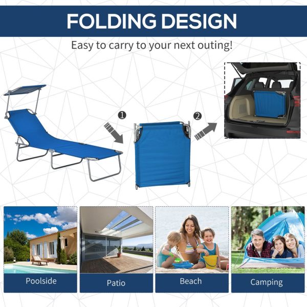 Outsunny Folding Sun Lounger Set of 2 with Sunshade Adjustable Backrest Blue - Image 3