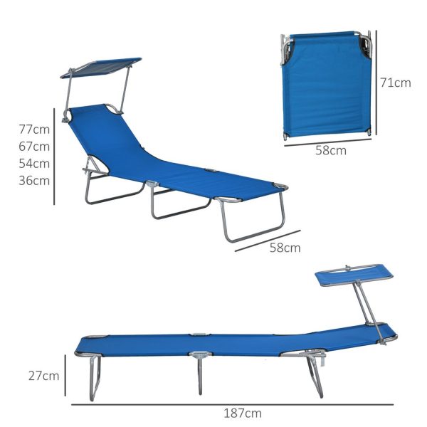 Outsunny Folding Sun Lounger Set of 2 with Sunshade Adjustable Backrest Blue - Image 5