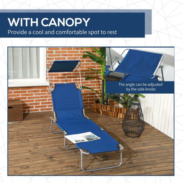 Outsunny Folding Sun Lounger Set of 2 with Sunshade Adjustable Backrest Blue - Image 6