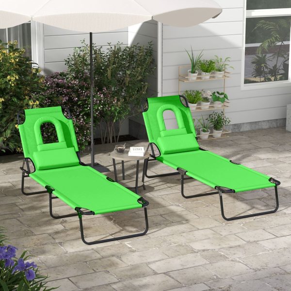 Outsunny Folding Sun Lounger Set of 2 Reclining Chair with Reading Hole Green - Image 2