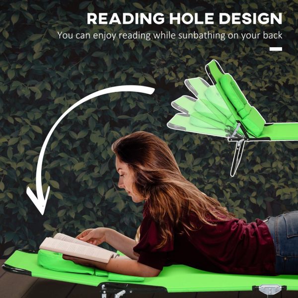 Outsunny Folding Sun Lounger Set of 2 Reclining Chair with Reading Hole Green - Image 7