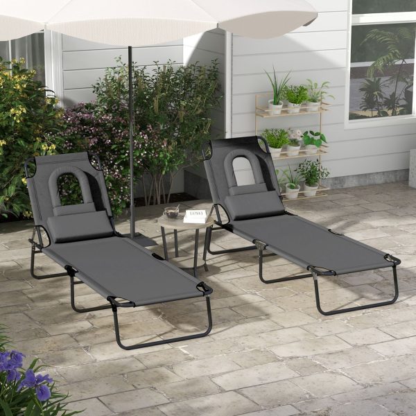 Outsunny Folding Sun Lounger Set of 2 Reclining Chair with Reading Hole Grey - Image 2