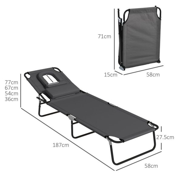 Outsunny Folding Sun Lounger Set of 2 Reclining Chair with Reading Hole Grey - Image 5