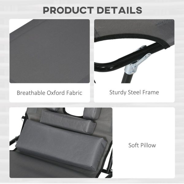 Outsunny Folding Sun Lounger Set of 2 Reclining Chair with Reading Hole Grey - Image 6