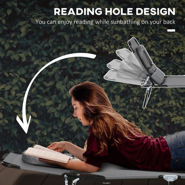 Outsunny Folding Sun Lounger Set of 2 Reclining Chair with Reading Hole Grey - Image 7
