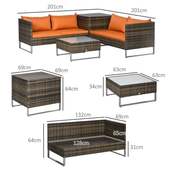 Outsunny 4Pcs Patio Rattan Sofa Garden Furniture Set with Table Cushions Orange - Image 5