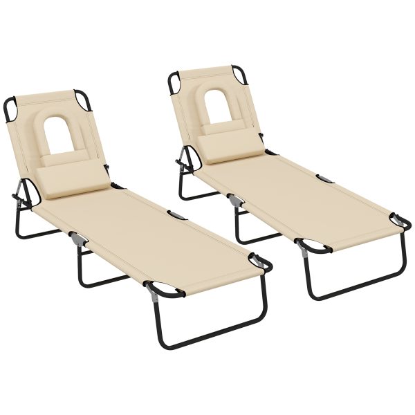 Outsunny Folding Sun Lounger Set of 2 Reclining Chair with Reading Hole Sand