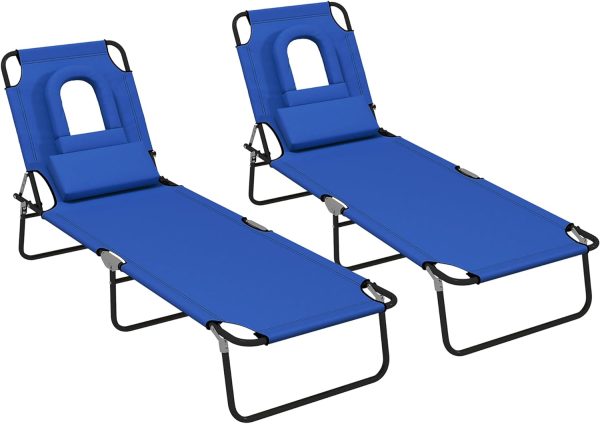 Outsunny Folding Sun Lounger Set of 2 Reclining Chair with Reading Hole Blue