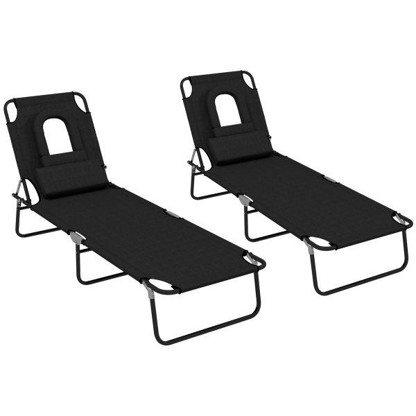 Outsunny Folding Sun Lounger Set of 2 Reclining Chair with Reading Hole Black