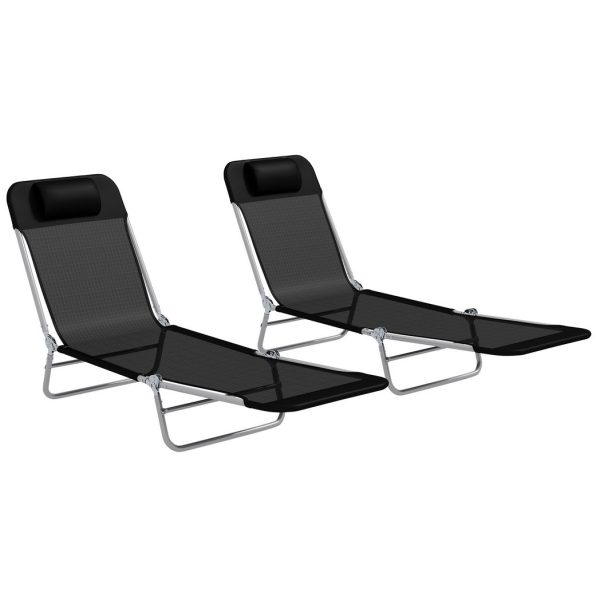 Outsunny 2 Pieces Sun Loungers Foldable Reclining Chair with Headrest Black