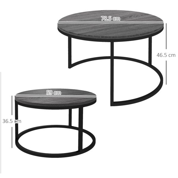 HOMCOM 2 Pcs Stacking Coffee Table Set Steel Frame Wood Effect Top Foot Pads - Image 3