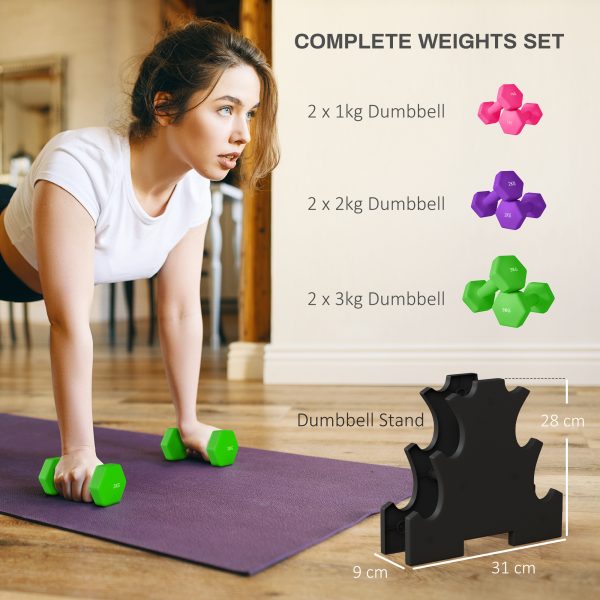 SPORTNOW Hex Dumbbells Set with Dumbbell Rack, 2 x 1kg, 2 x 2kg, 2 x 3kg - Image 3