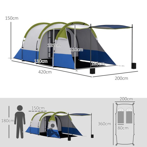 Outsunny 2-3 Man Camping Tunnel Tent with Bedroom and Living Room, Green - Image 5