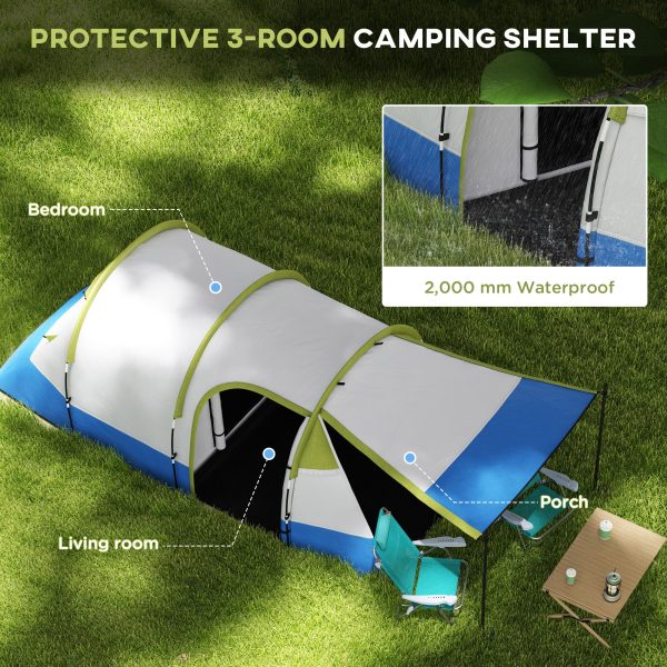 Outsunny 2-3 Man Camping Tunnel Tent with Bedroom and Living Room, Green - Image 3