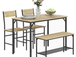 HOMCOM Dining Table and Chairs Set of 4 with 2 Chairs Bench for Kitchen Natural