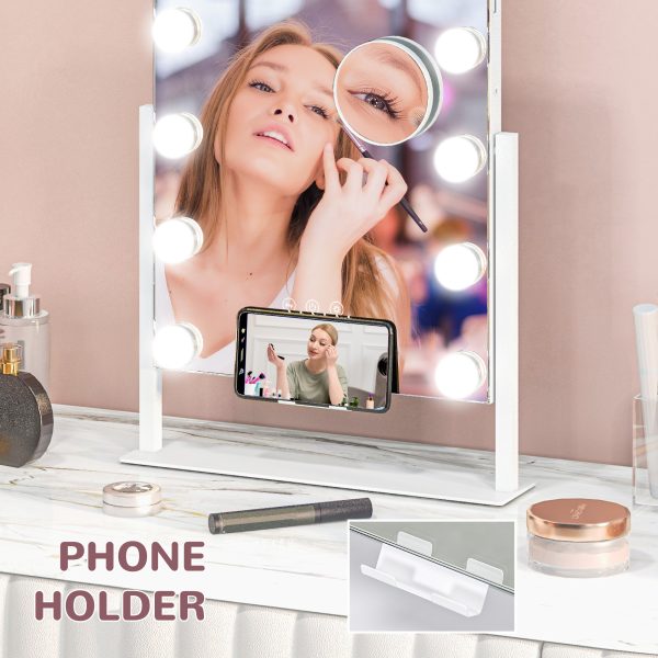 HOMCOM Hollywood Lighted Makeup Mirror with Magnifier, USB Port, Phone Holder - Image 4