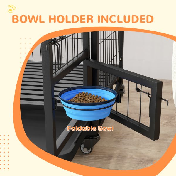 PawHut 43" Heavy Duty Dog Crate on Wheels w/ Bowl Holder, Removable Tray - Image 3