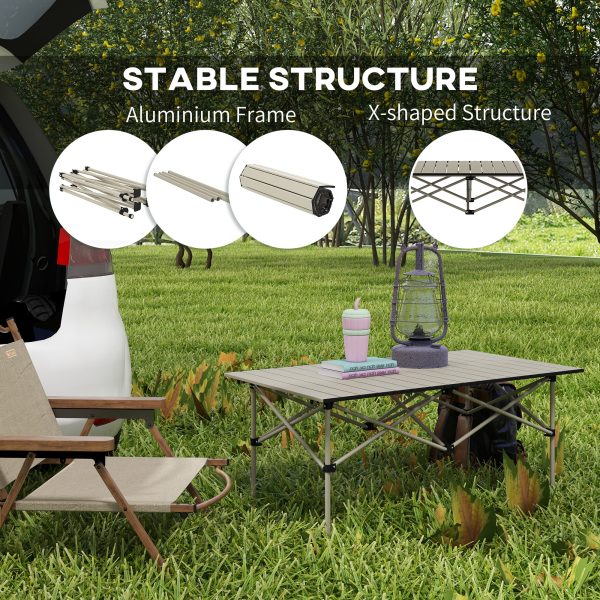 Outsunny Portable Camping Table with Roll Up Top, Khaki - Image 4