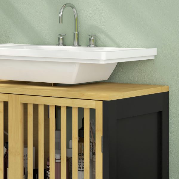 HOMCOM Under Sink Bathroom Cabinet, Bamboo Sink Storage Cabinet Slat Doors - Image 8