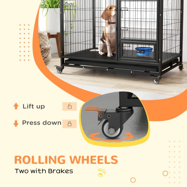 PawHut 43" Heavy Duty Dog Crate on Wheels w/ Bowl Holder, Removable Tray - Image 8