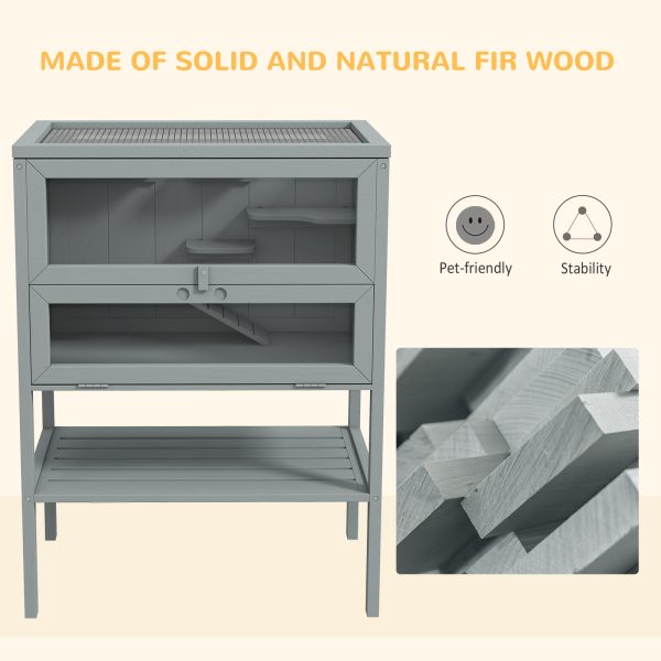 PawHut Wooden Hamster Cage w/ Storage Shelf, Openable Top for Gerbils, Grey - Image 7