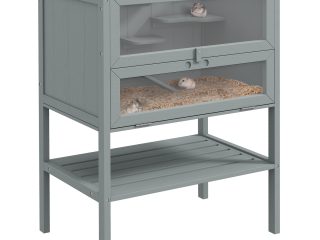 PawHut Wooden Hamster Cage w/ Storage Shelf, Openable Top for Gerbils, Grey