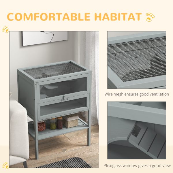PawHut Wooden Hamster Cage w/ Storage Shelf, Openable Top for Gerbils, Grey - Image 6