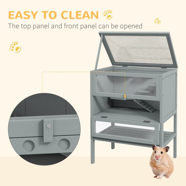 PawHut Wooden Hamster Cage w/ Storage Shelf, Openable Top for Gerbils, Grey - Image 4