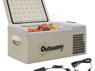 Outsunny 16L Car Refrigerator Fridge Freezer, 12/24V DC and 100-240V AC, Khaki