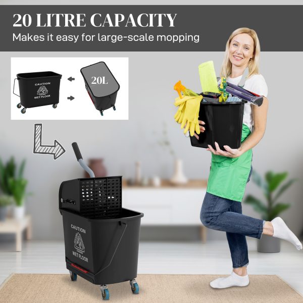 HOMCOM 20L Mop Bucket with Wringer Handle on Wheels for Floor Cleaning Black - Image 4