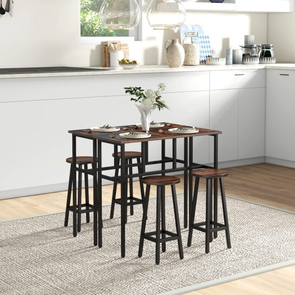 HOMCOM 6-Piece Industrial Bar Table Set, 2 Kitchen Tables with 4 Stools, Brown - Image 2