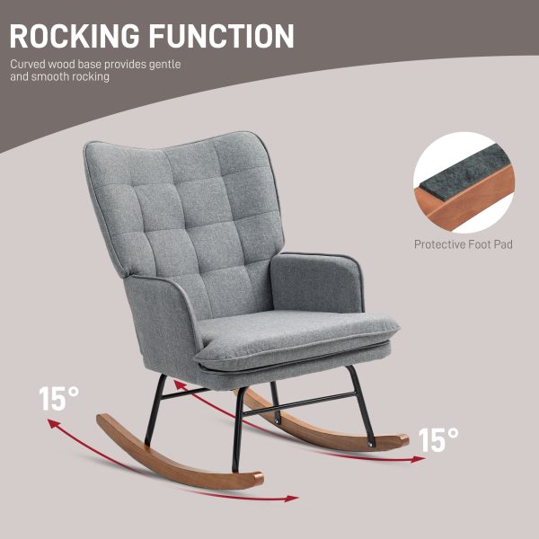 HOMCOM Rocking Chair with Footstool Fabric Wingback Chair for Bedroom Grey - Image 4