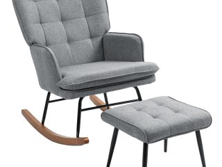 HOMCOM Rocking Chair with Footstool Fabric Wingback Chair for Bedroom Grey