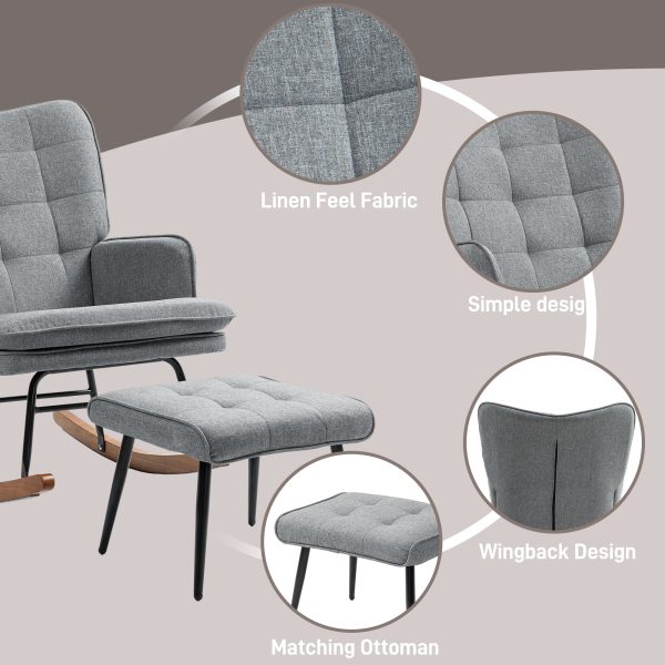 HOMCOM Rocking Chair with Footstool Fabric Wingback Chair for Bedroom Grey - Image 5