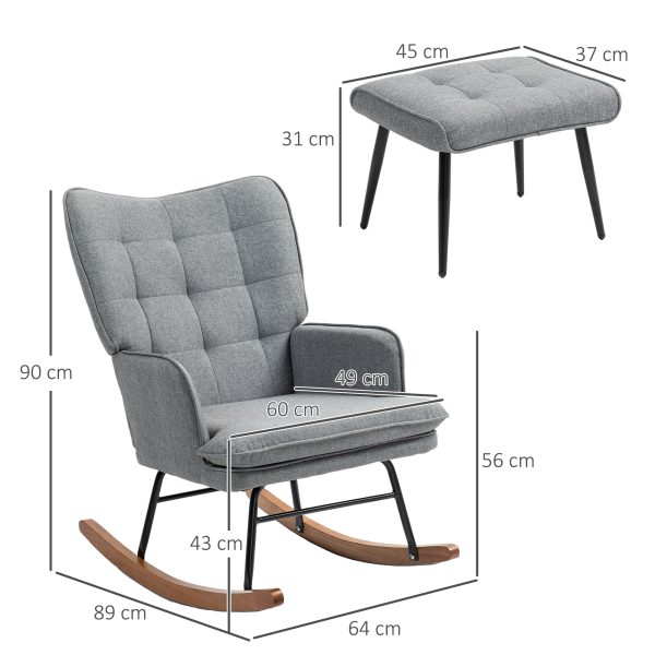 HOMCOM Rocking Chair with Footstool Fabric Wingback Chair for Bedroom Grey - Image 3