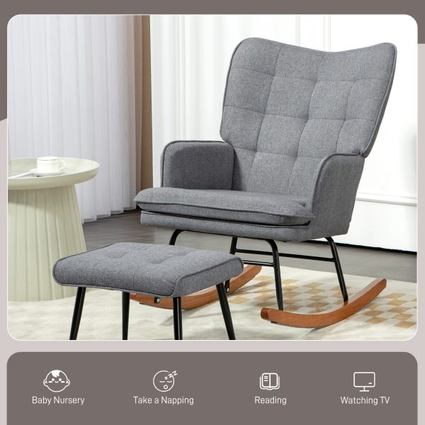 HOMCOM Rocking Chair with Footstool Fabric Wingback Chair for Bedroom Grey - Image 6