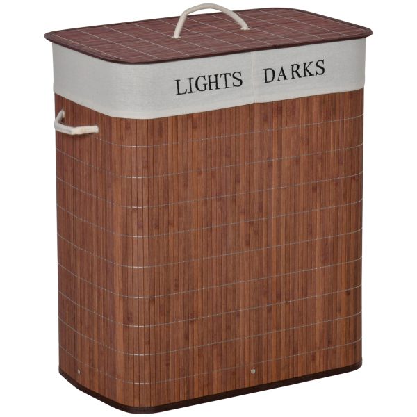 HOMCOM 2 Section Collapsible Laundry Hamper Lid Removable Lining, Brown