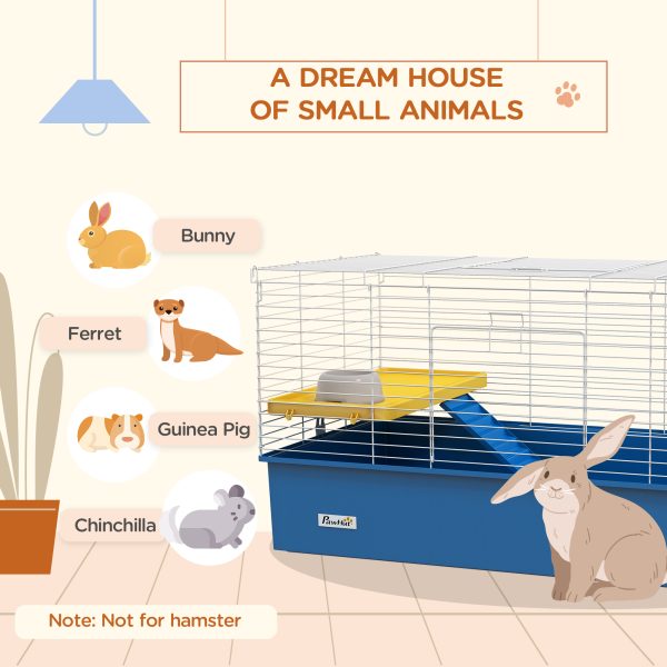 PawHut Small Animal Cage, Rabbit Guinea Pig Hutch, Pet Playhouse, Blue - Image 3