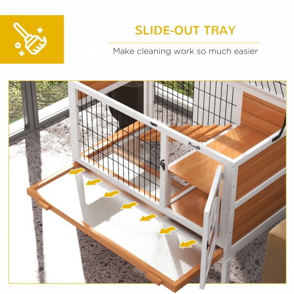 PawHut Wooden Rabbit Hutch, Elevated Guinea Pig Cage w/ Openable Roof, Yellow - Image 4
