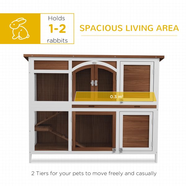 PawHut Two-Tier Wooden Rabbit Hutch w/ Openable Roof, Slide-Out Tray, Ramp - Image 2